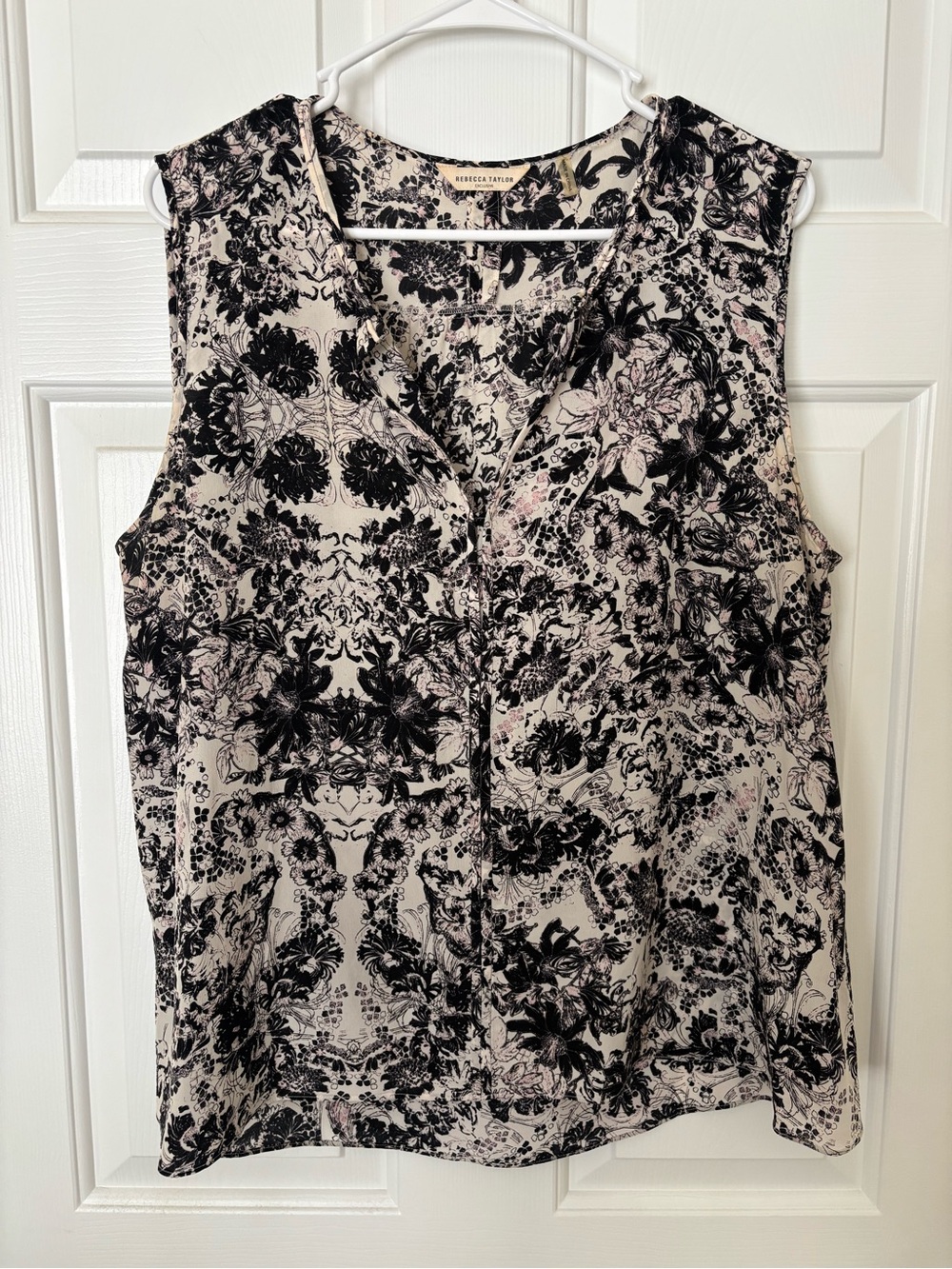 Rebecca Taylor Black Floral Print Silk Sleeveless Blouse on Cream